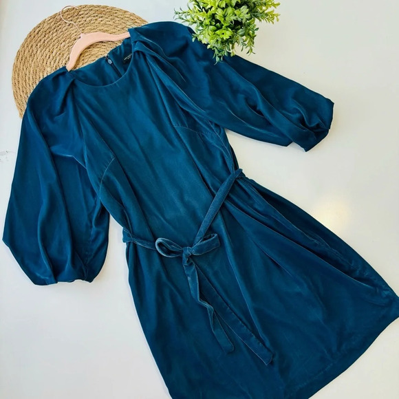 Ann Taylor Velvet Belted Shift Dress Dark Teal Blue Size 4P - Picture 6 of 15